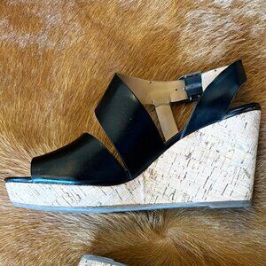 Franco Sarto Black Leather Wedge Sandals US Size 8